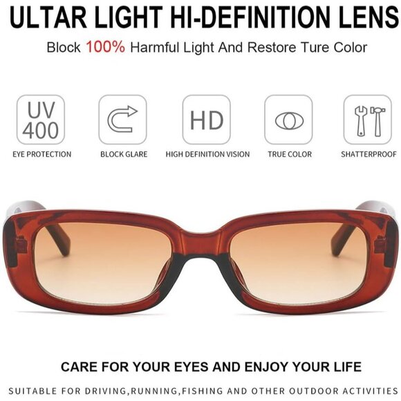 Trendy Rectangle Brown Sunglasses Women Men Retro Square Fashion Shades - Picture 2 of 6